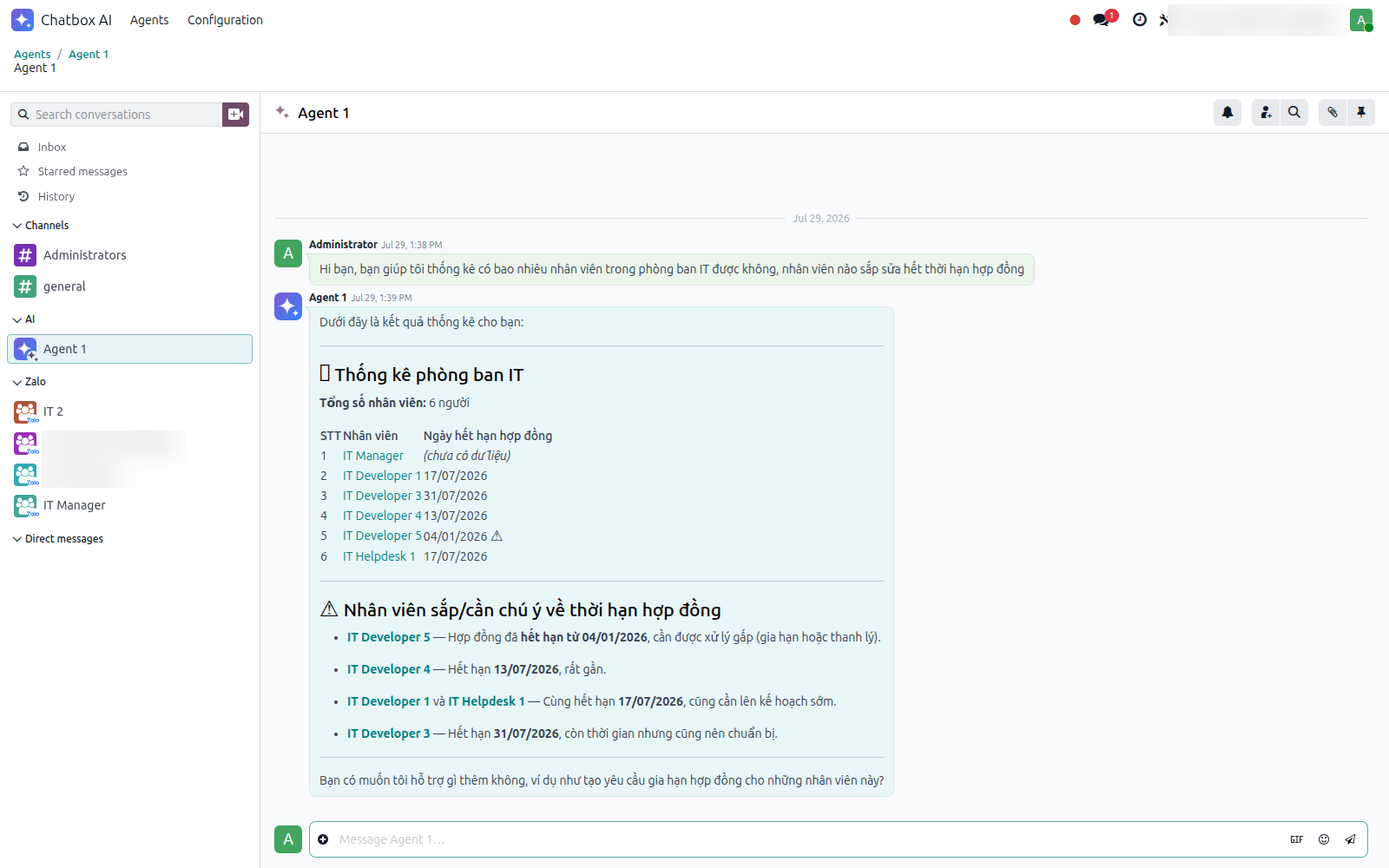 Chatbox AI answering inside Odoo Discuss