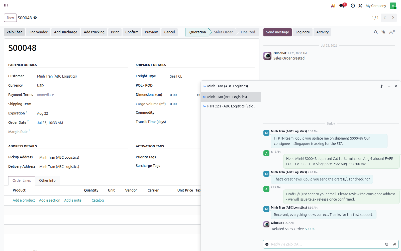 Two-way Zalo chat mirrored in an Odoo popup