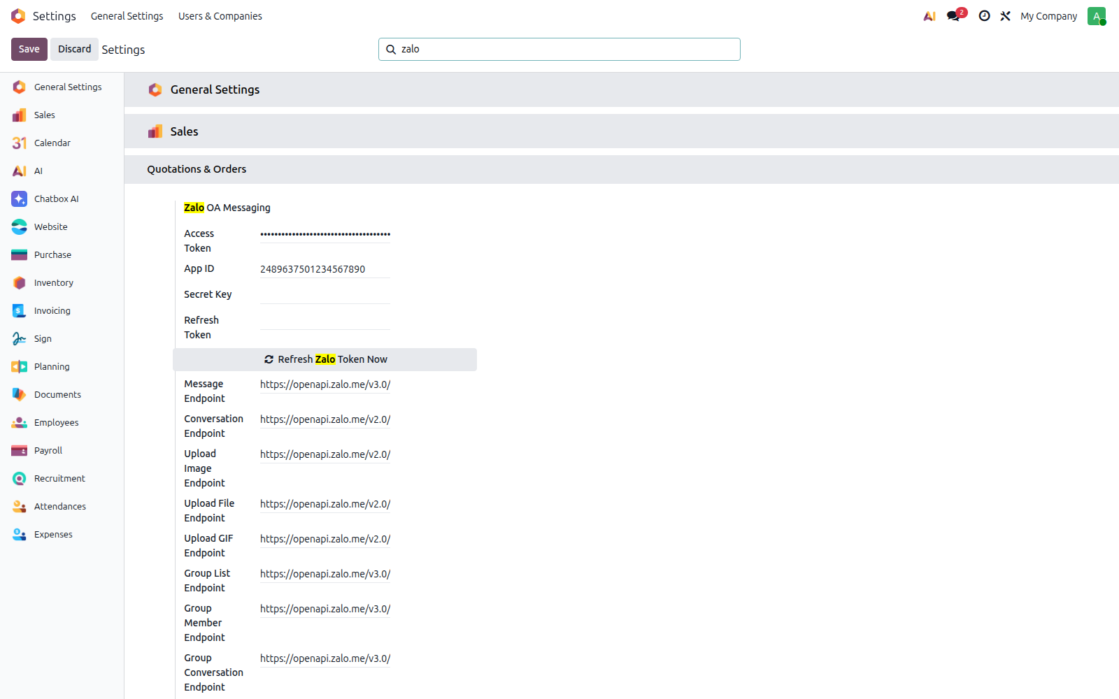 Zalo integration settings page in Odoo